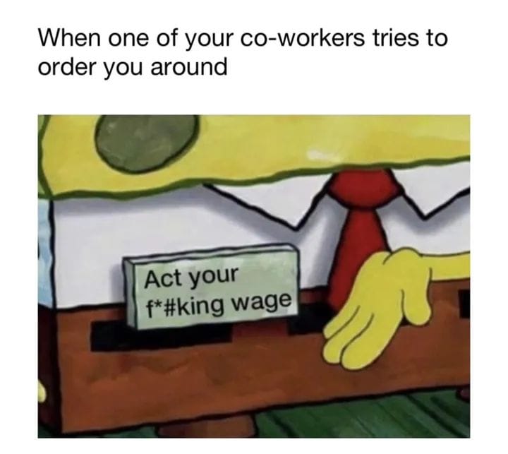 This meme is a humorous take on a common workplace scenario. It features a cartoon character, SpongeBob SquarePants, with a sign that reads "When one of your coworkers tries to order you around" and a second sign that says "Act your f***ing wage". The image is a play on the idea that someone is trying to tell someone else what to do, but the person being told is being sarcastic and uncooperative.